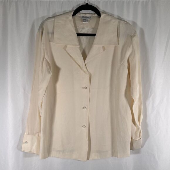 Images 100% Silk Shirt Women's 8 White Pearl Button Up Long Sleeve Collared - Picture 1 of 7